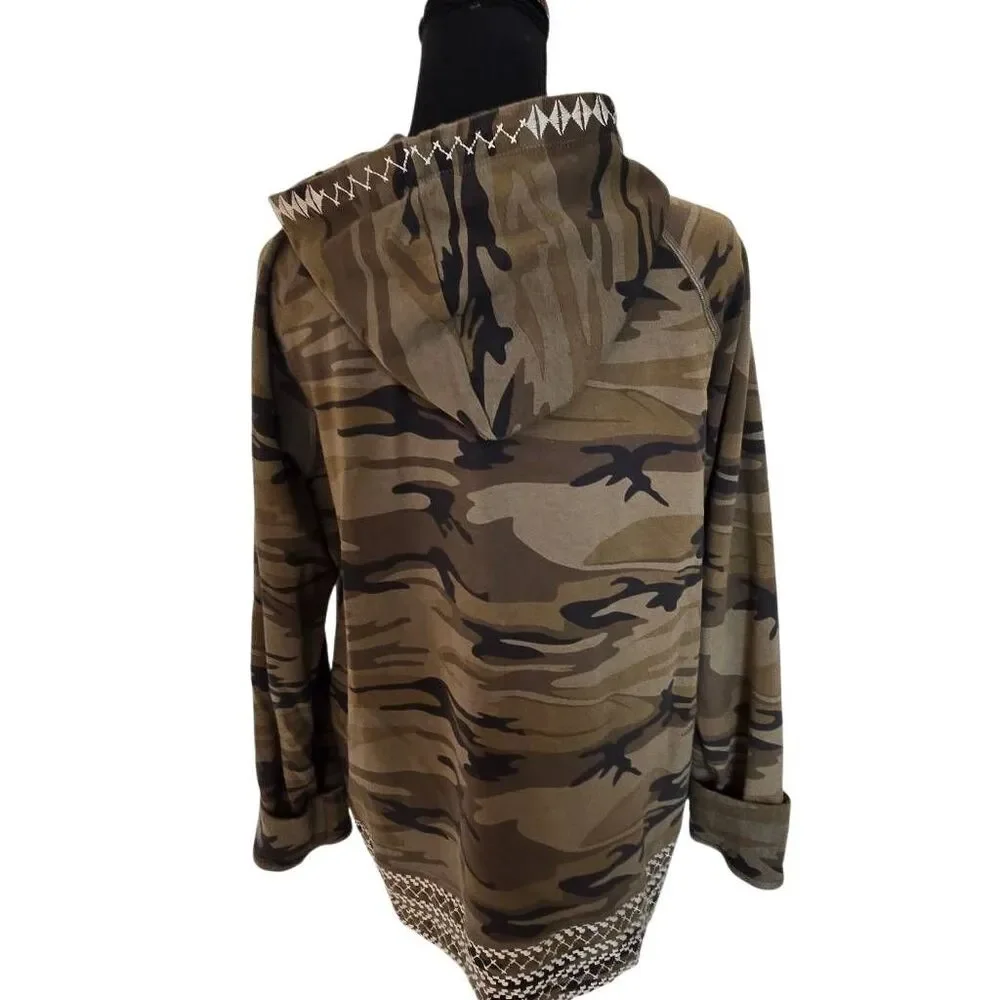 Johnny Was Womens Floral Camo Embroidered Zip Up Hoodie Green Pink Size Large